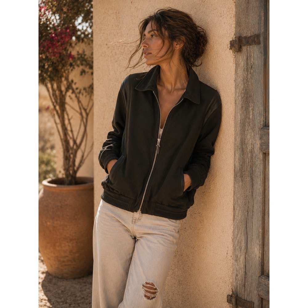 Maniere De Voir Black Bomber Jacket Faux Leather Zip Up Women XXL Streetwear